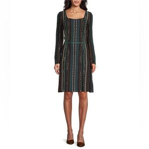Ming Wang Multi-Stitch Knit Square Neck Long Sleeve Fringe Trim Dress Small